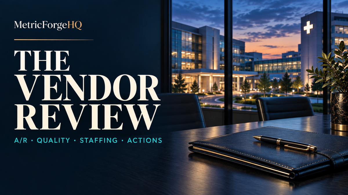 The Vendor Review — A/R, quality, staffing and actions; illustrative healthcare executive workspace