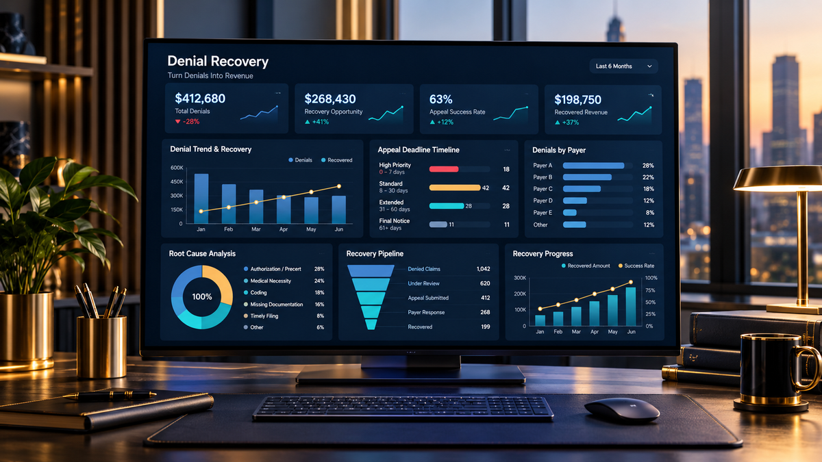Medical billing denial recovery dashboard with appeal deadlines, payer trends and recovery pipeline