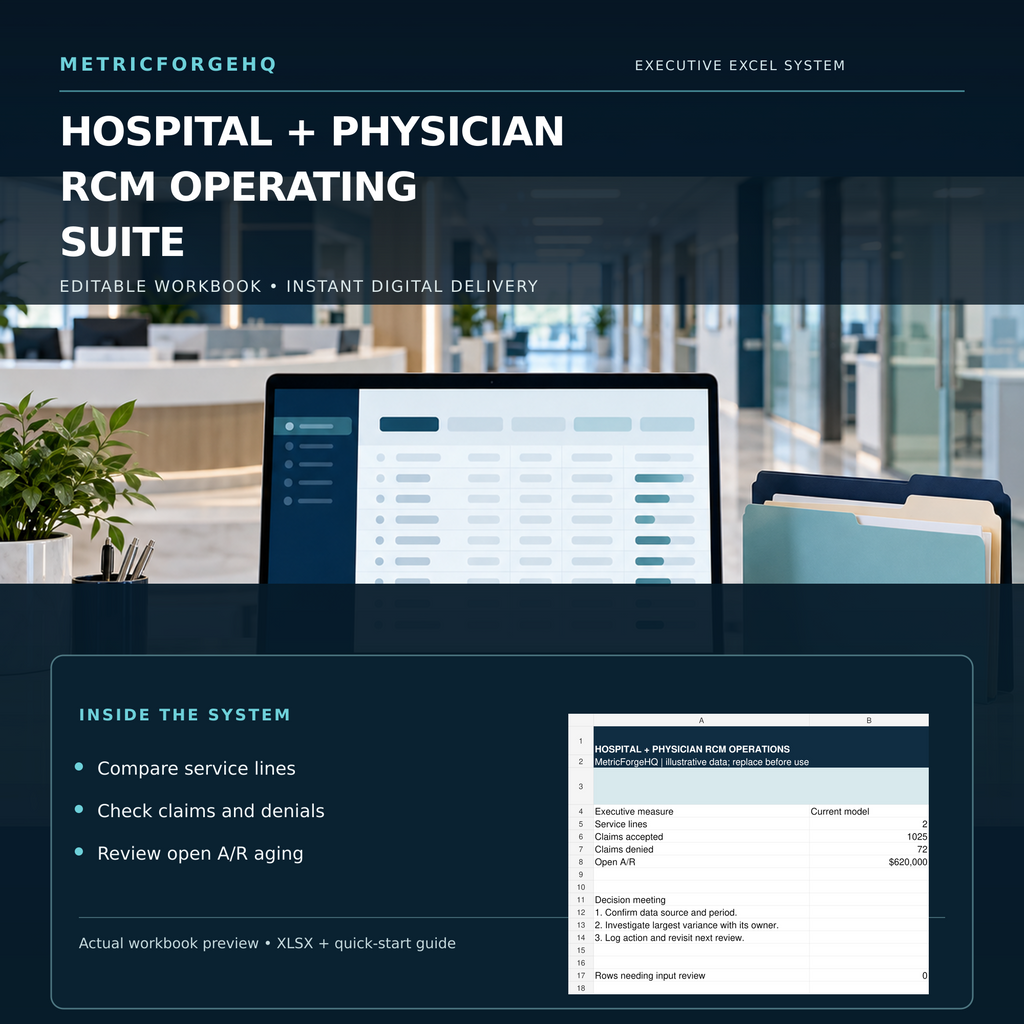 Hospital and physician RCM Excel suite cover with service-line claims and accounts receivable workbook preview.