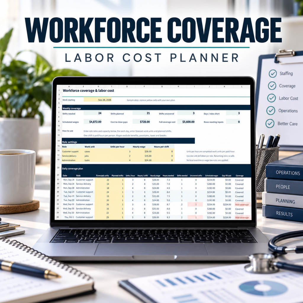 Workforce Coverage and Labor Cost Planner shown on a laptop