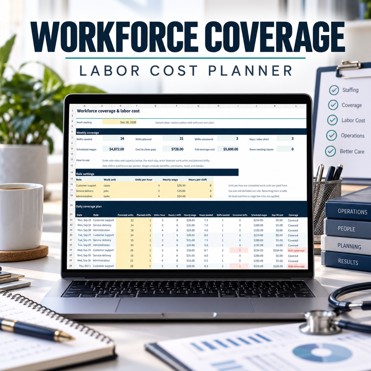 Workforce Coverage and Labor Cost Planner shown on a laptop
