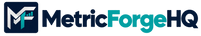 MetricForgeHQ navy and teal wordmark with MF monogram
