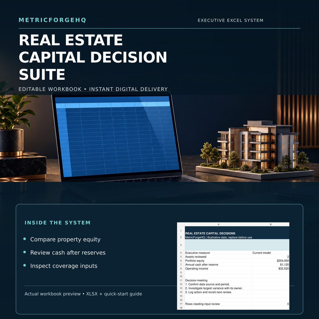Real Estate Capital Decision Suite Excel cover with property model and workbook preview showing equity and cash after reserve.