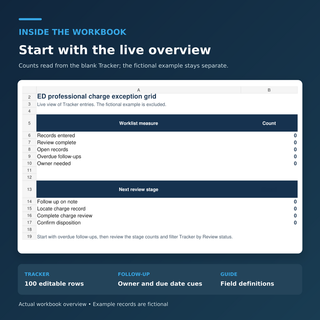 Actual ED Professional Charge Exception Grid | Excel Tracker workbook Overview preview