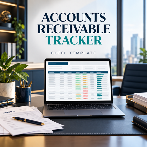 Accounts Receivable Tracker Excel template in an illustrative executive office mockup