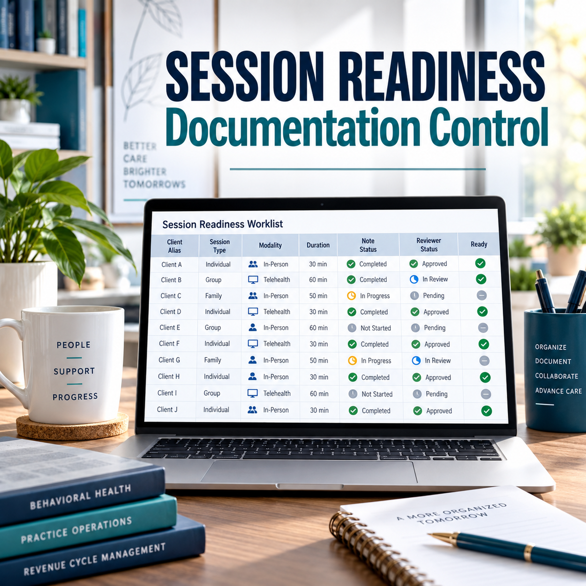 Illustrative premium healthcare operations desk for behavioral-session-readiness; actual workbook preview appears in the next listing image