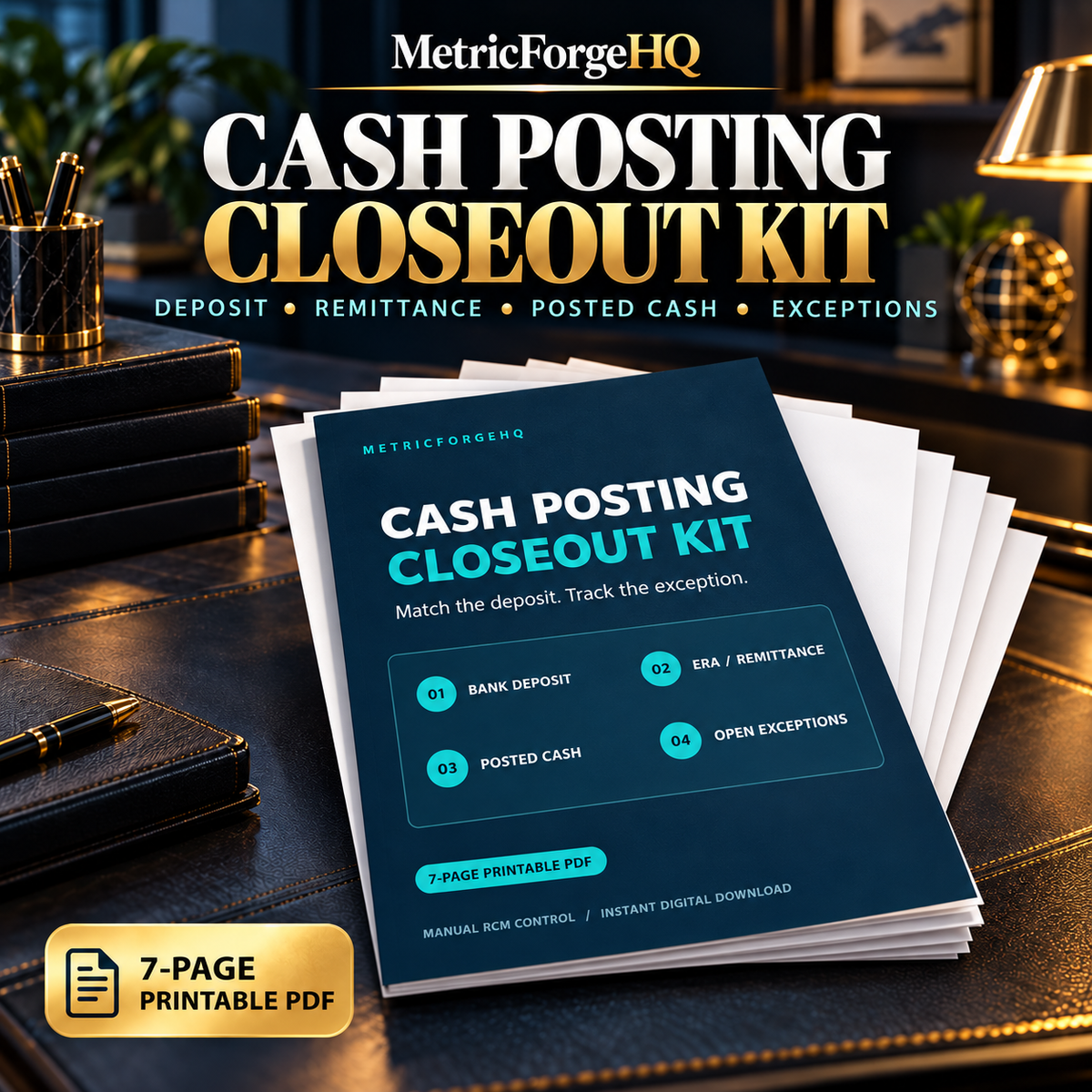 Premium paper mockup of MetricForgeHQ Cash Posting Closeout Kit, a seven-page printable PDF for deposit, remittance, posted cash, and open exceptions