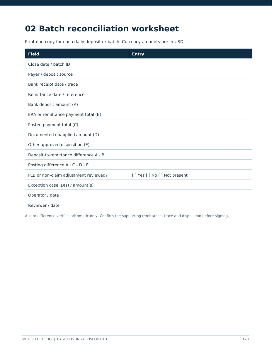Actual PDF preview: printable batch reconciliation worksheet for deposit, remittance, posted cash, and unapplied balance