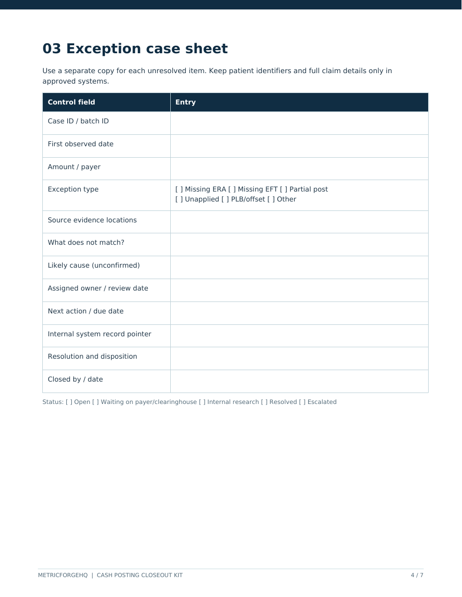 Actual PDF preview: printable exception case sheet with owner, due date, and disposition fields