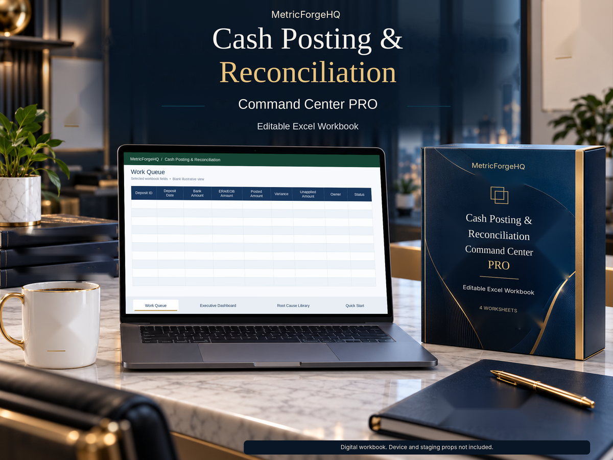 Cash Posting and Reconciliation Command Center PRO editable Excel workbook, with an illustrative blank work queue and four worksheet tabs. Device and staging props are not included.