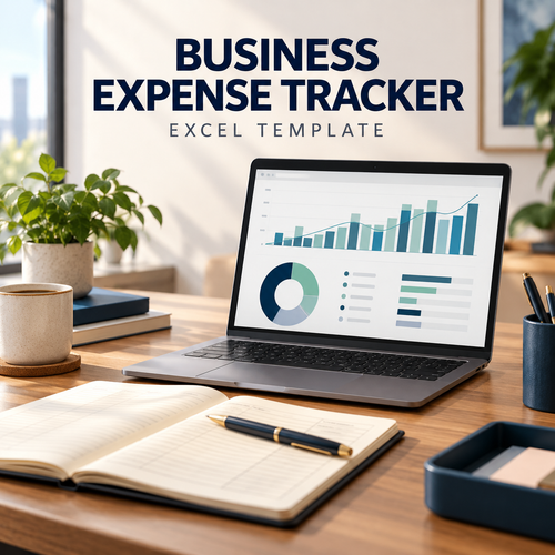 Business Expense Tracker Excel template in an illustrative office mockup