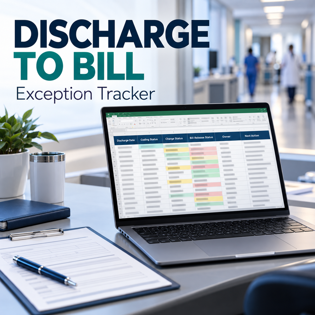 Illustrative premium healthcare operations desk for hospital-discharge-to-bill; actual workbook preview appears in the next listing image