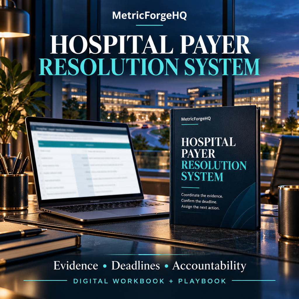 MetricForgeHQ Hospital Payer Resolution studio healthcare cover; illustrative digital workbook and playbook mockup