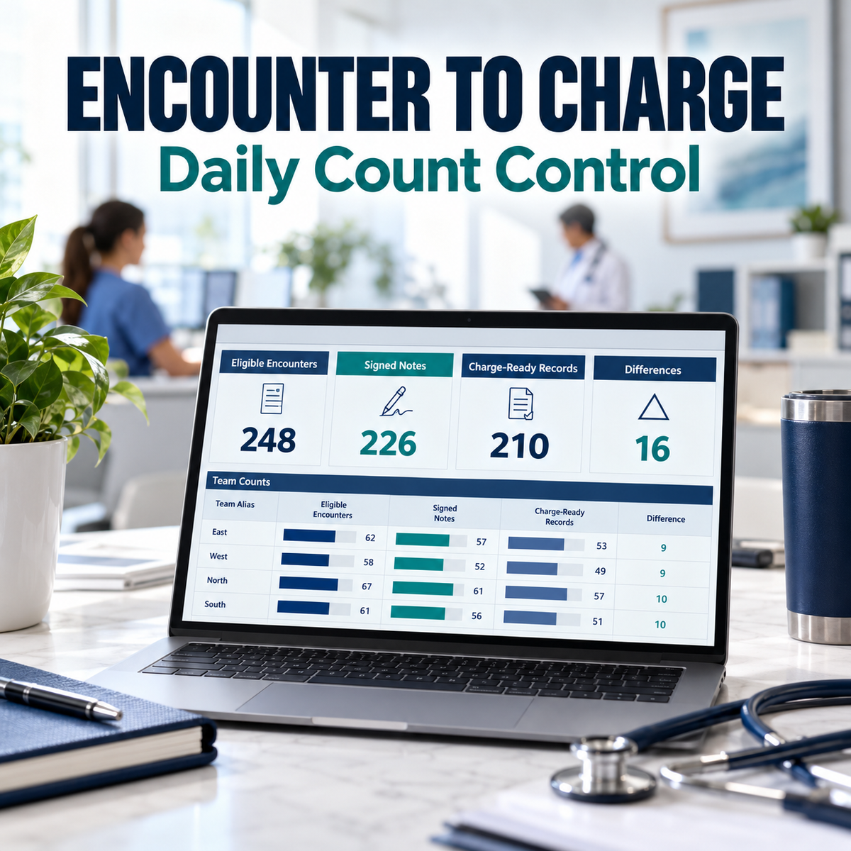 Illustrative premium healthcare operations desk for physician-encounter-to-charge; actual workbook preview appears in the next listing image