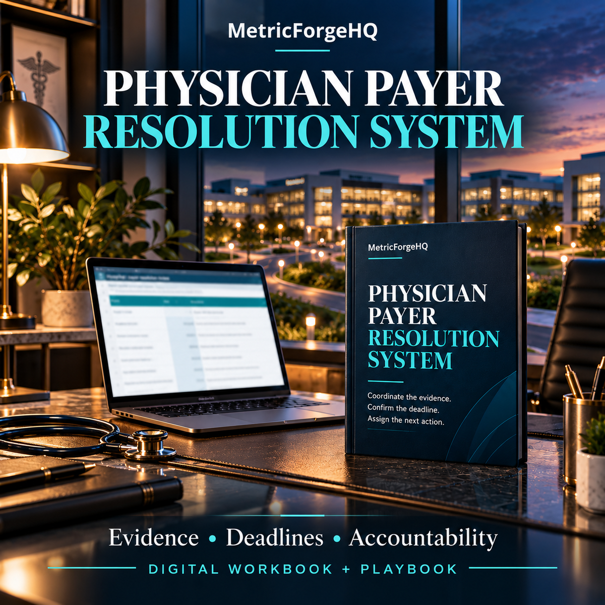 MetricForgeHQ Physician Payer Resolution studio healthcare cover; illustrative digital workbook and playbook mockup
