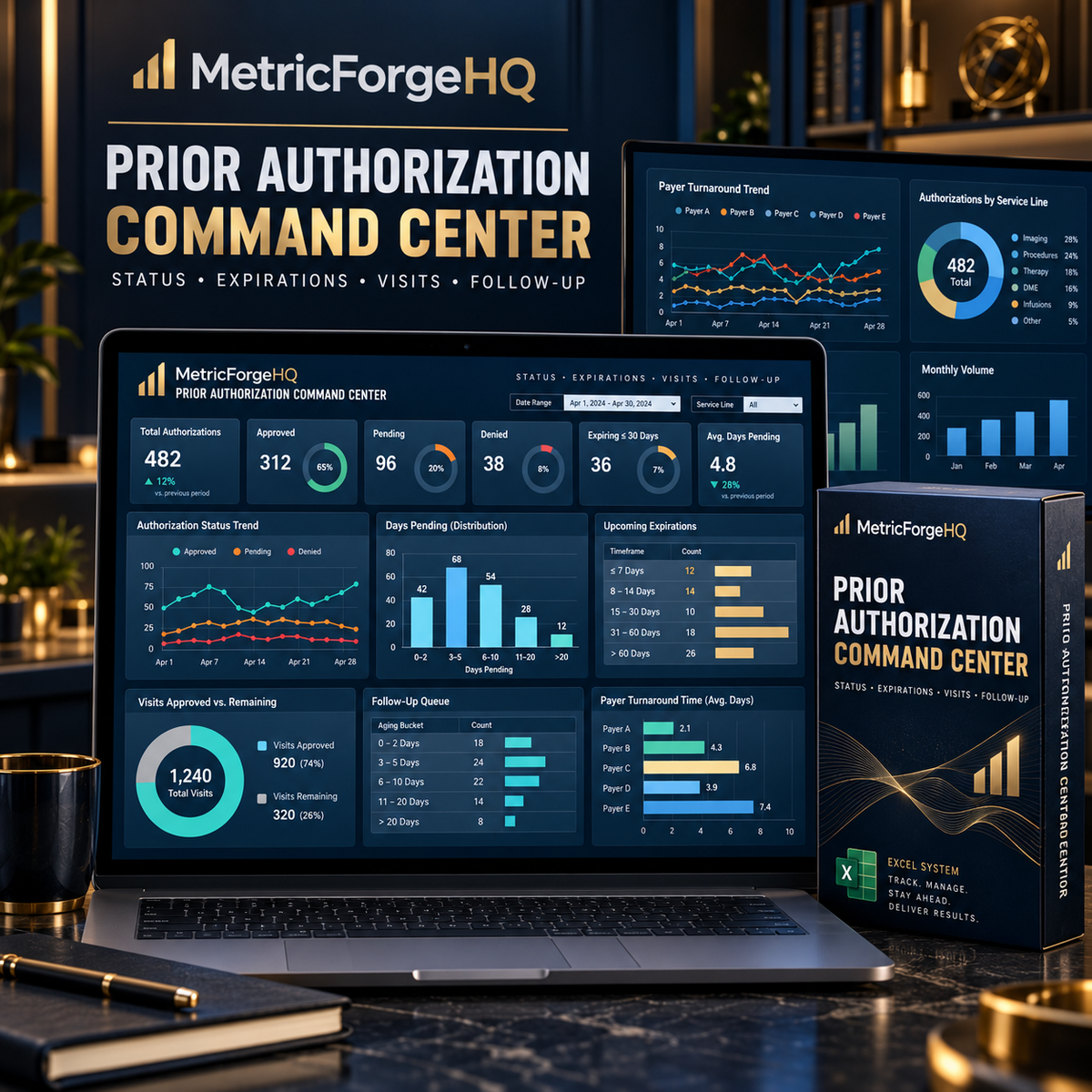 MetricForgeHQ Prior Authorization Command Center Excel dashboard for status, expirations, visits, and follow-up
