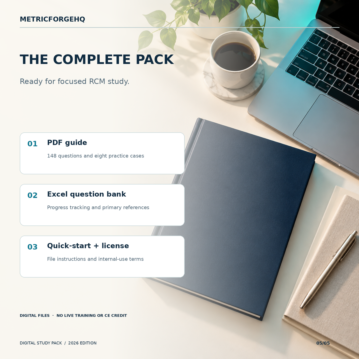 Studio image of digital pack contents: PDF, Excel and quick start