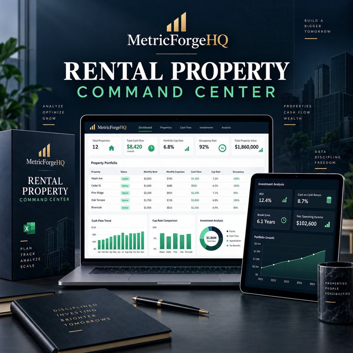 MetricForgeHQ Rental Property Portfolio and Investment Command Center product mockup