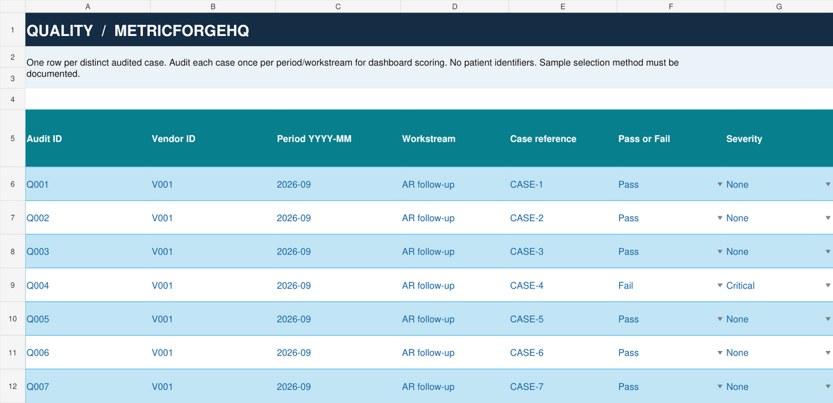 Actual Vendor PRO quality audit worksheet with fictional sampled cases