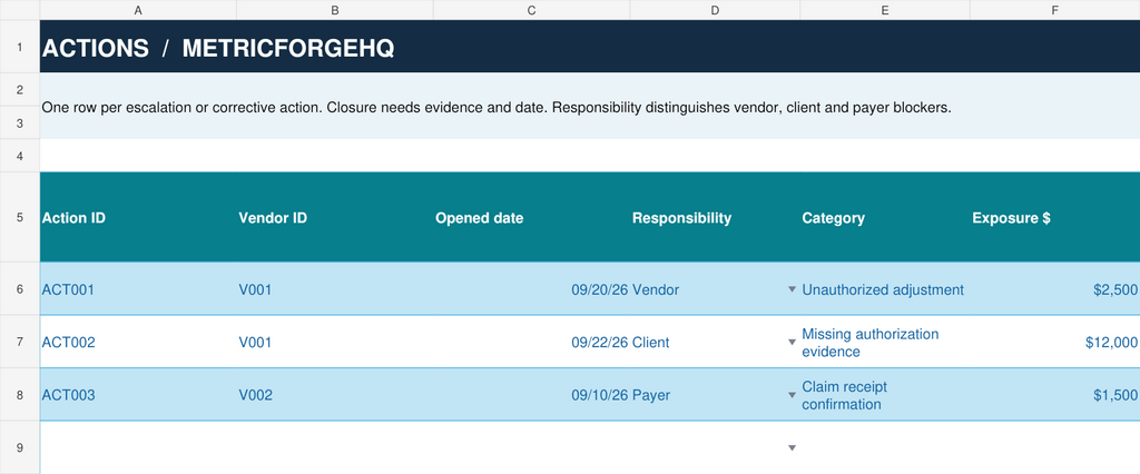 Actual Vendor PRO escalation worksheet with responsibility and closure tracking