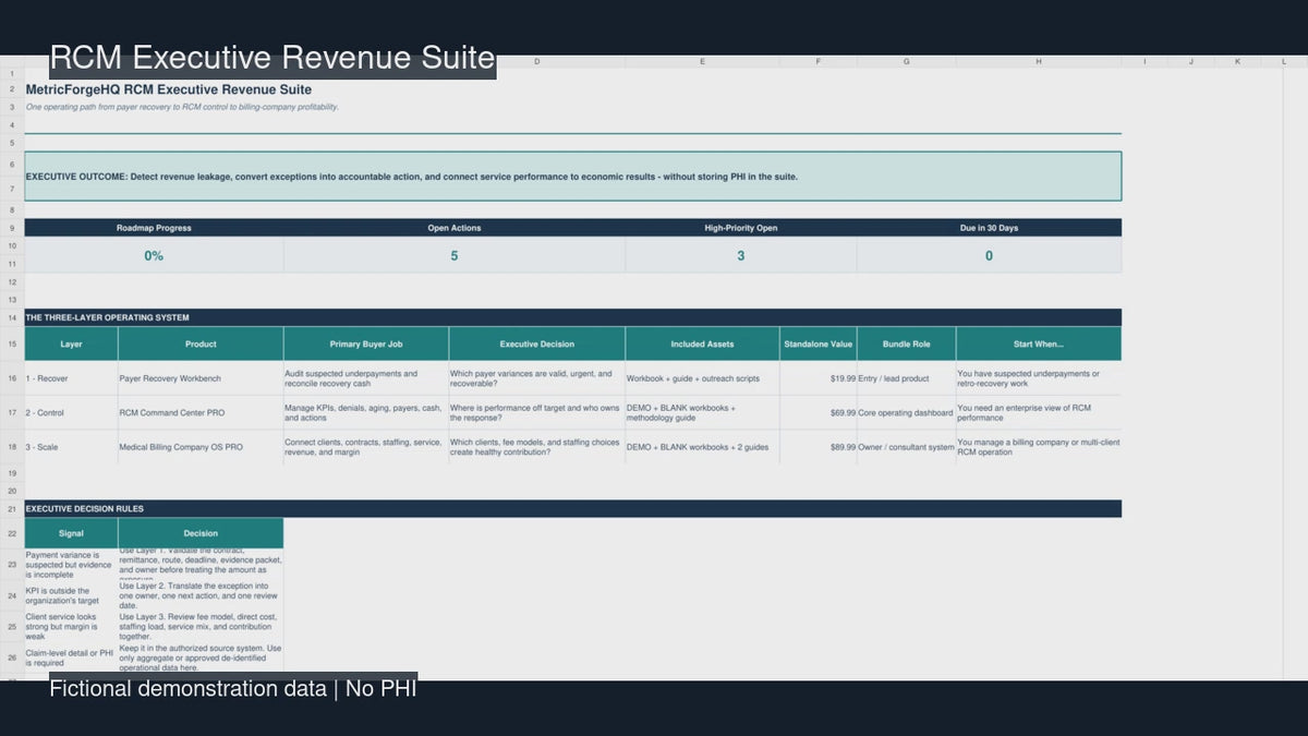 RCM Executive Revenue Suite dashboard demonstration using fictional data