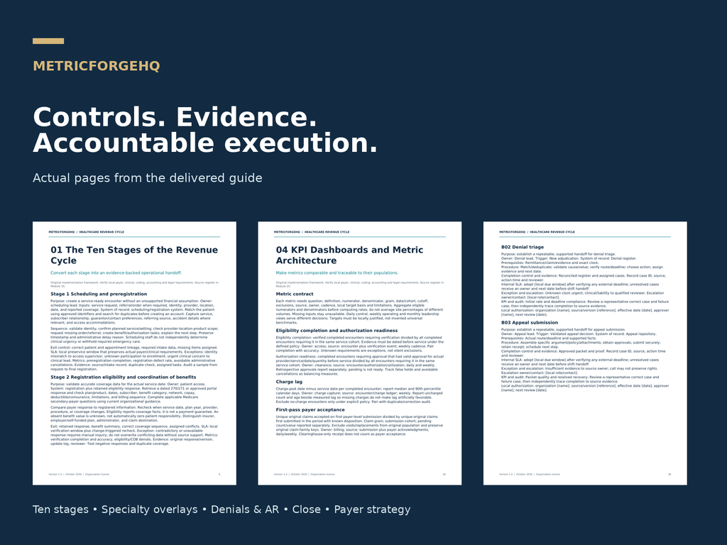 Actual pages from the ten-stage RCM guide, KPI definitions and denial SOPs