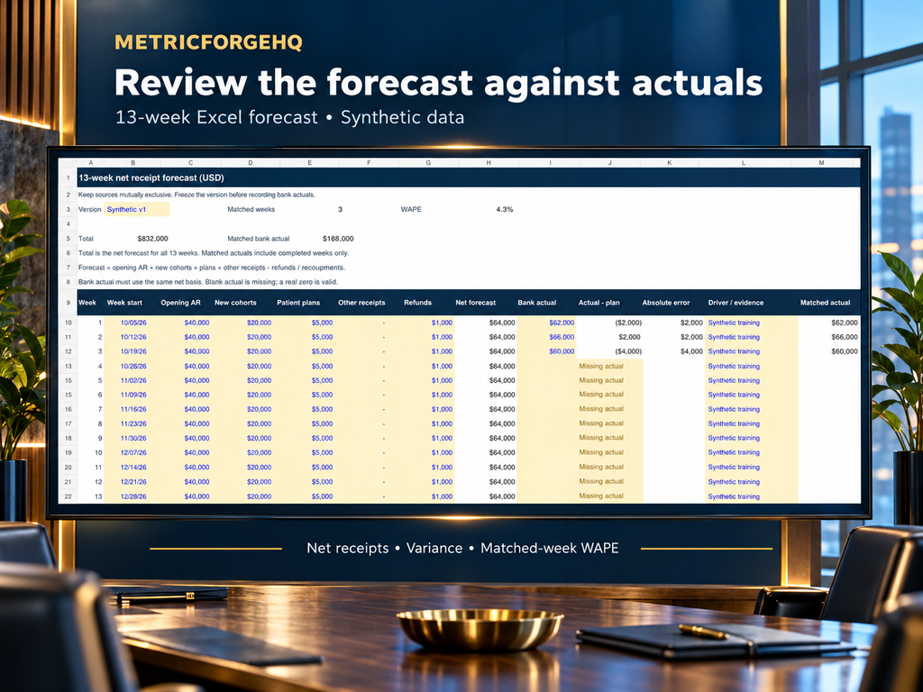 Studio-framed synthetic 13-week Excel forecast showing weekly receipts, bank actuals, variances and matched-week WAPE