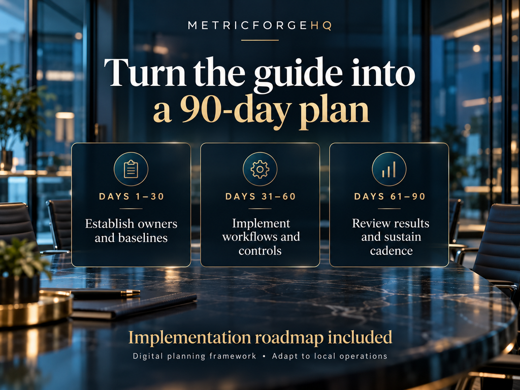 Three implementation phases: days 1–30 owners and baselines, days 31–60 workflows and controls, days 61–90 results review and sustained cadence