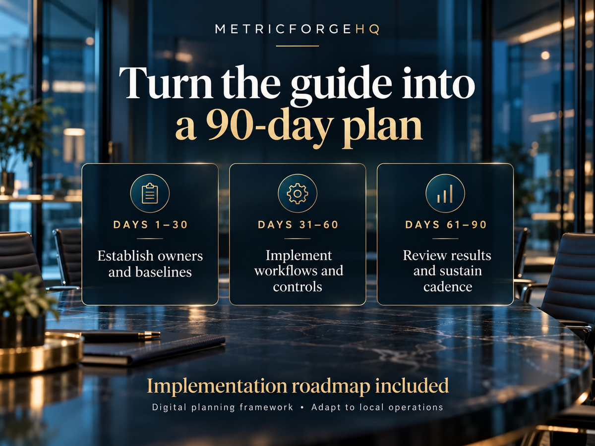 Three implementation phases: days 1–30 owners and baselines, days 31–60 workflows and controls, days 61–90 results review and sustained cadence