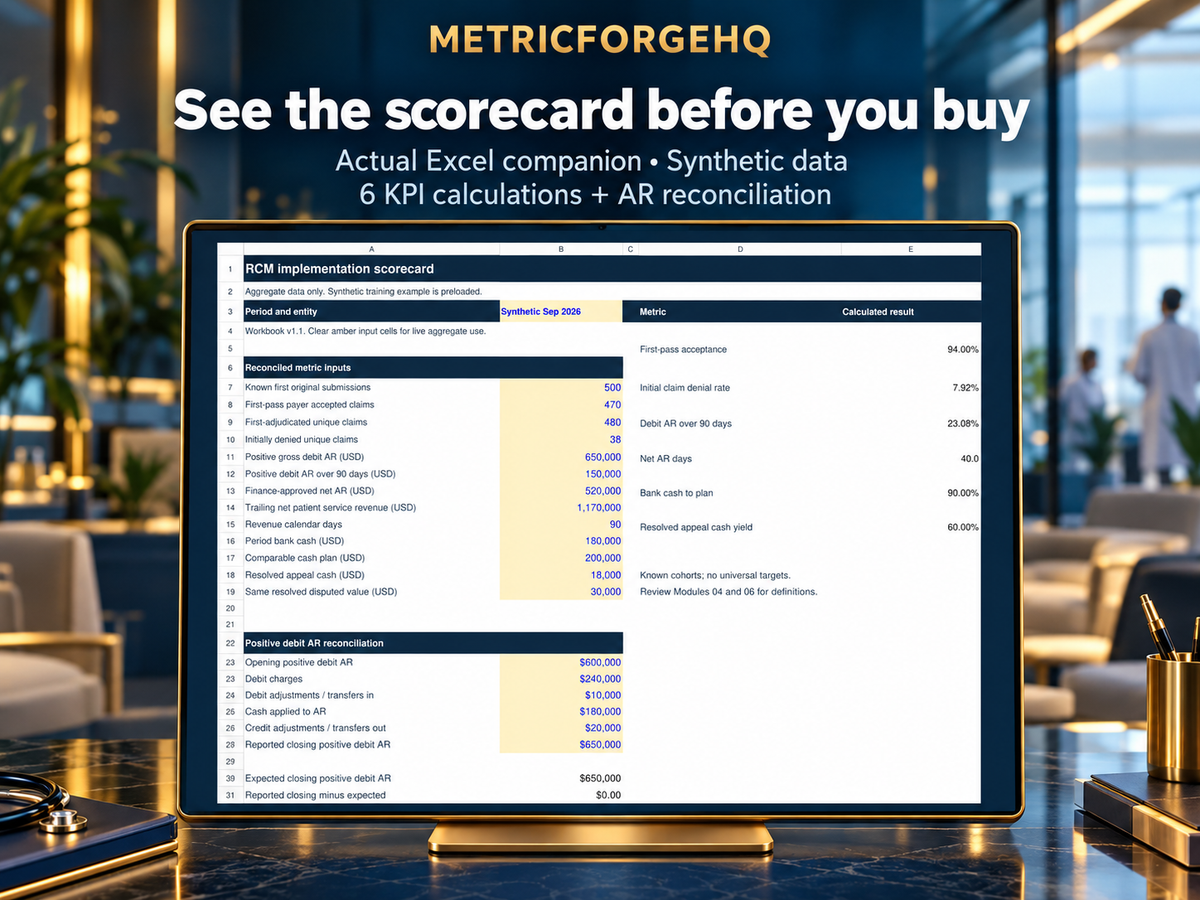 Studio-framed Excel scorecard preview with synthetic inputs, six KPI results and AR reconciliation
