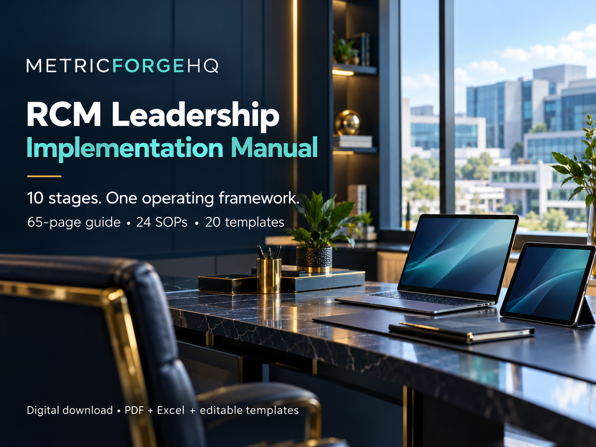 RCM Leadership Implementation Manual digital download with 65-page guide, 24 SOPs and 20 templates; illustrative healthcare executive studio